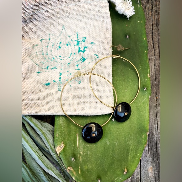 SOLD Gold hoop black onyx drops - Picture 1 of 1